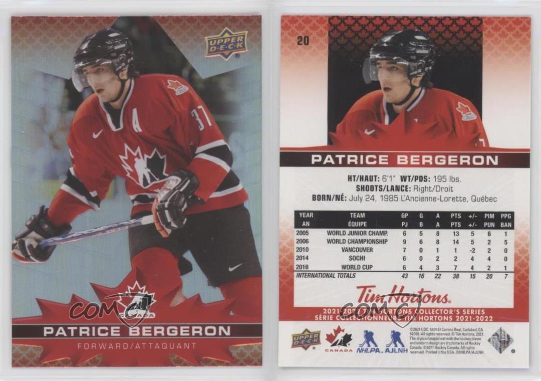 2021 - 2022 PATRICE BERGERON TEAM CANADA TIM HORTONS CANADA NHL HOCKEY CARD  M-1