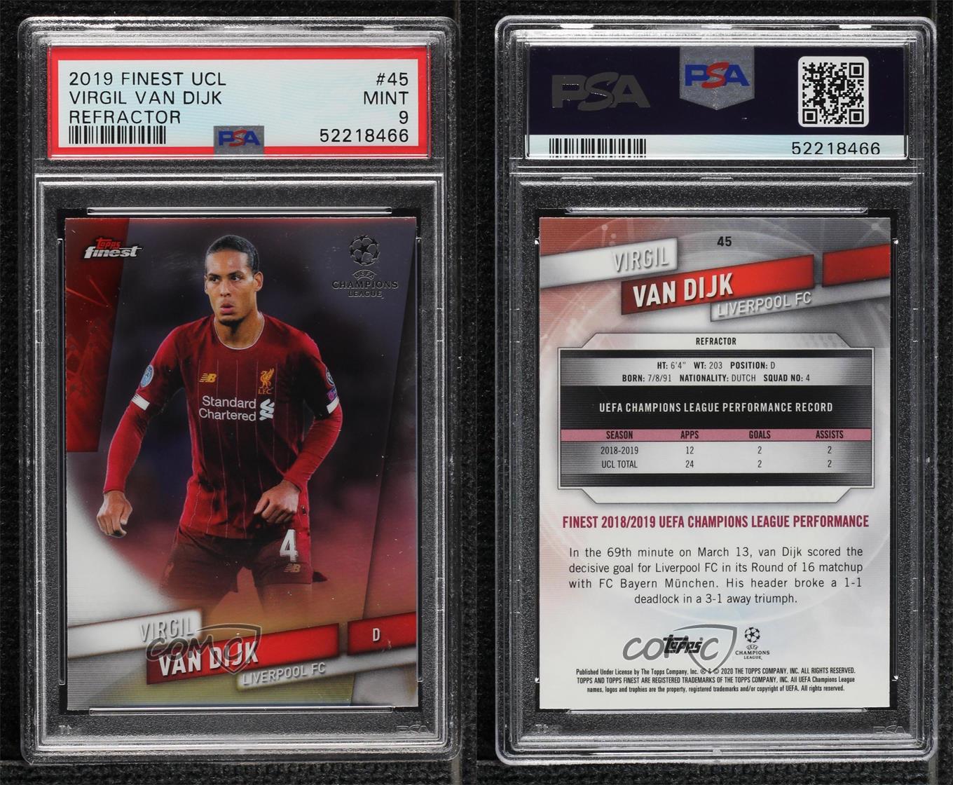 2019-20 Topps Finest UCL Refractor Virgil Van Dijk #45 PSA 9 MINT