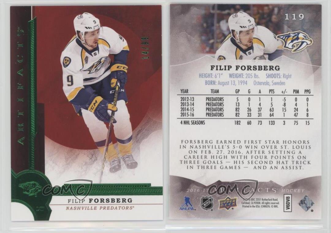 2018-19 Artifacts Emerald #104 Filip Forsberg Dual Jersey & 3 Color  Patch #20/25