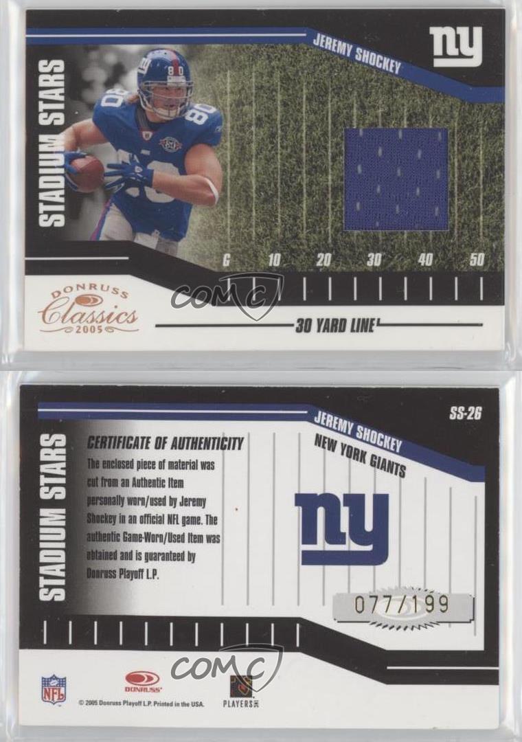 Jeremy Shockey player worn jersey patch football card (New York Giants)  2005 Donruss Stadium Stars #SS26 LE 88/199