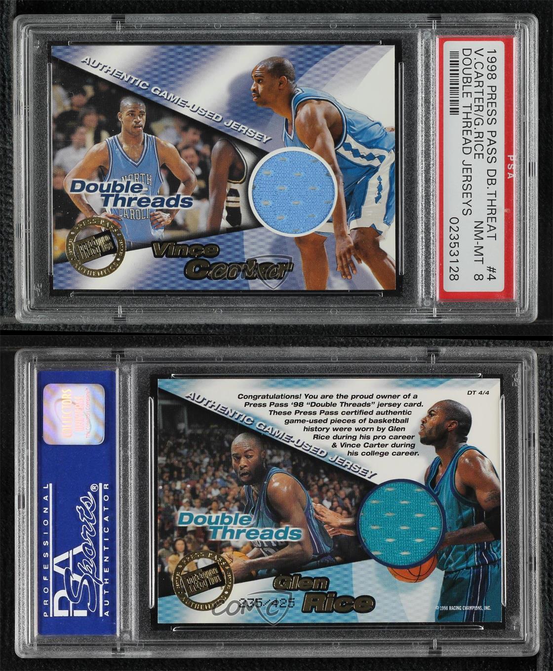 1998 Double Threat Threads /425 Vince Carter Glen Rice #DT4 PSA 8 Rookie RC HOF - Bild 3 von 3