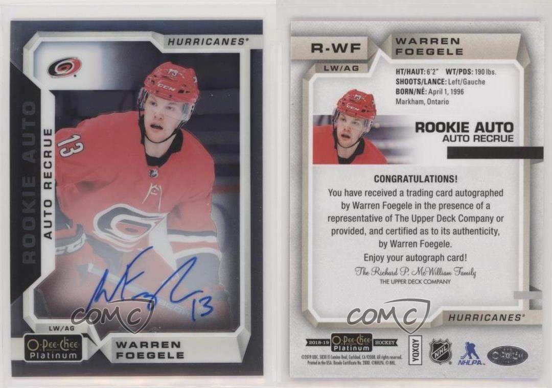 2018-19 O-Pee-Chee Platinum Rookie Autos Warren Foegele #R-WF Auto RC
