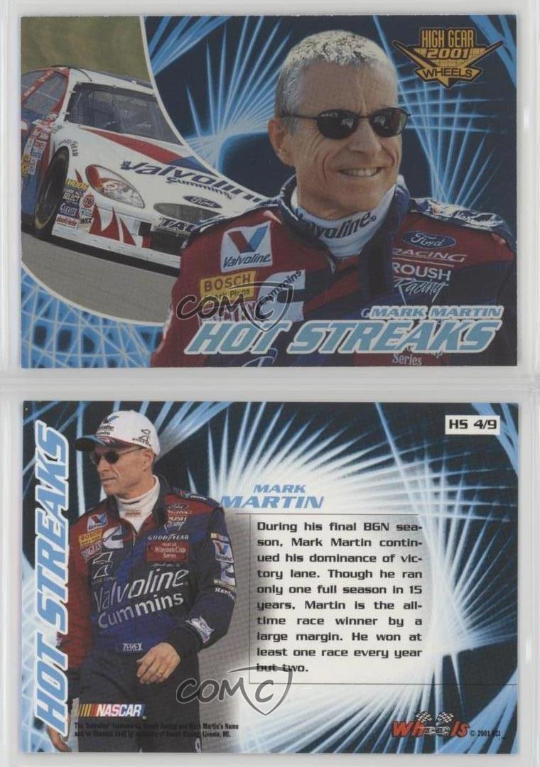 NASCAR MARK MARTIN 2001 WHEELS /"HOT STREAKS/' INSERT RACING CARD #HS4