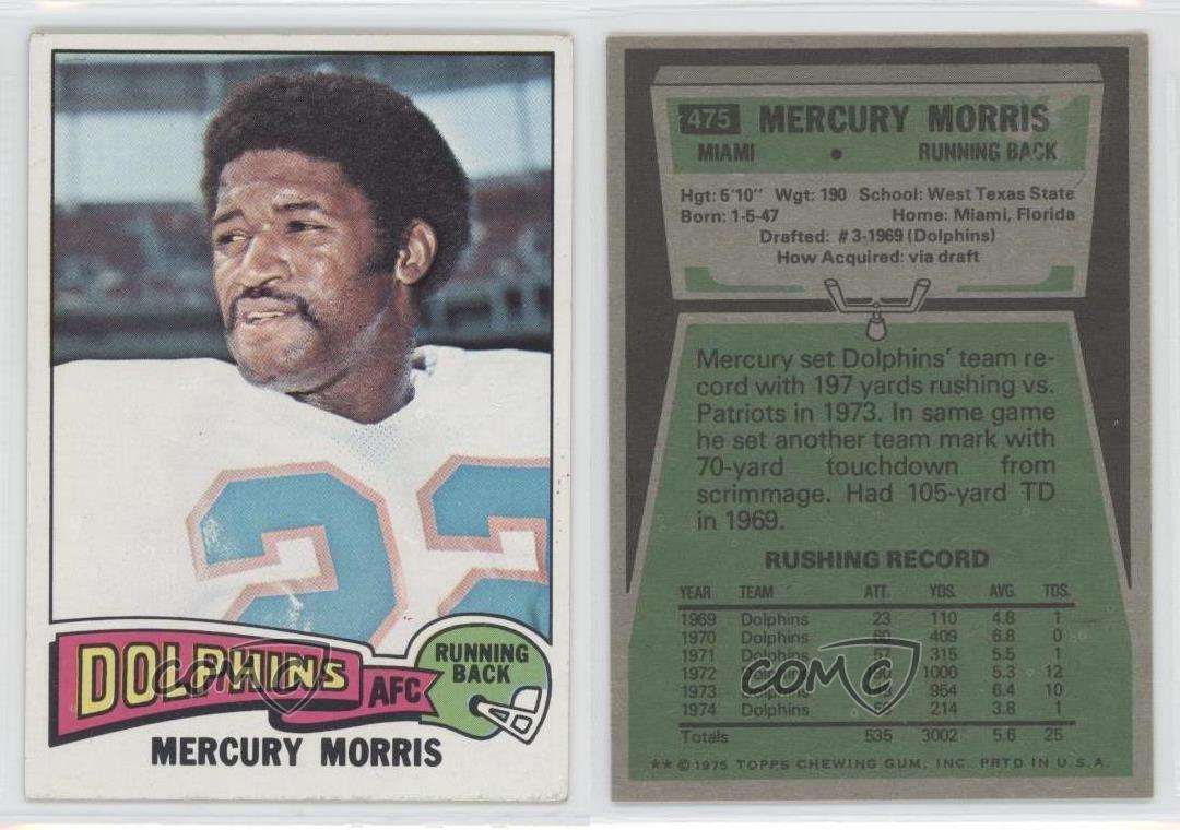 1975 Topps #475 Mercury Morris Tarjeta de fútbol los Delfines de Miami 