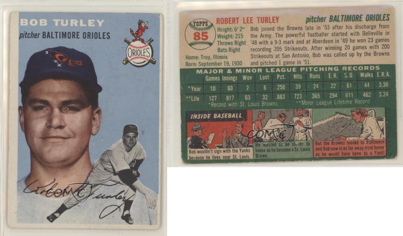 1954 Topps #85 Bob Turley Baltimore Orioles Rookie Baseball Card VG