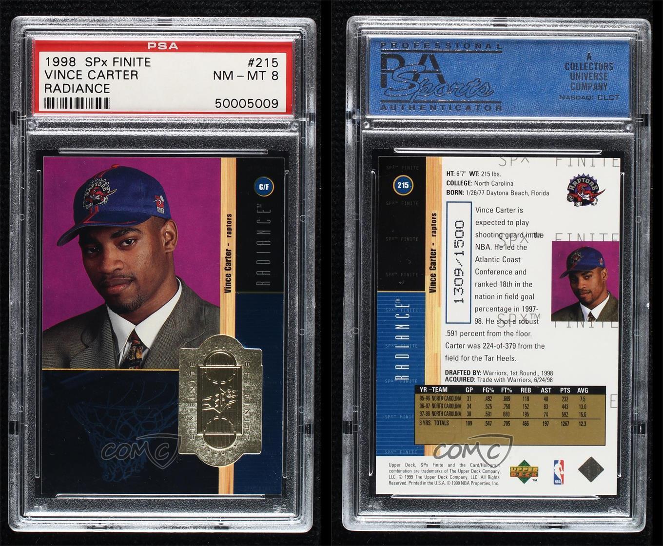 1998 SPx Finite VINCE CARTER #215 RC Rookie 580 /2500 PSA 8