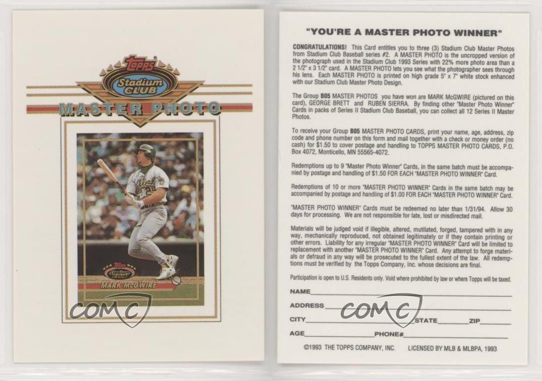 1993 Topps Stadium Club Master Photo Redemption Mark McGwire