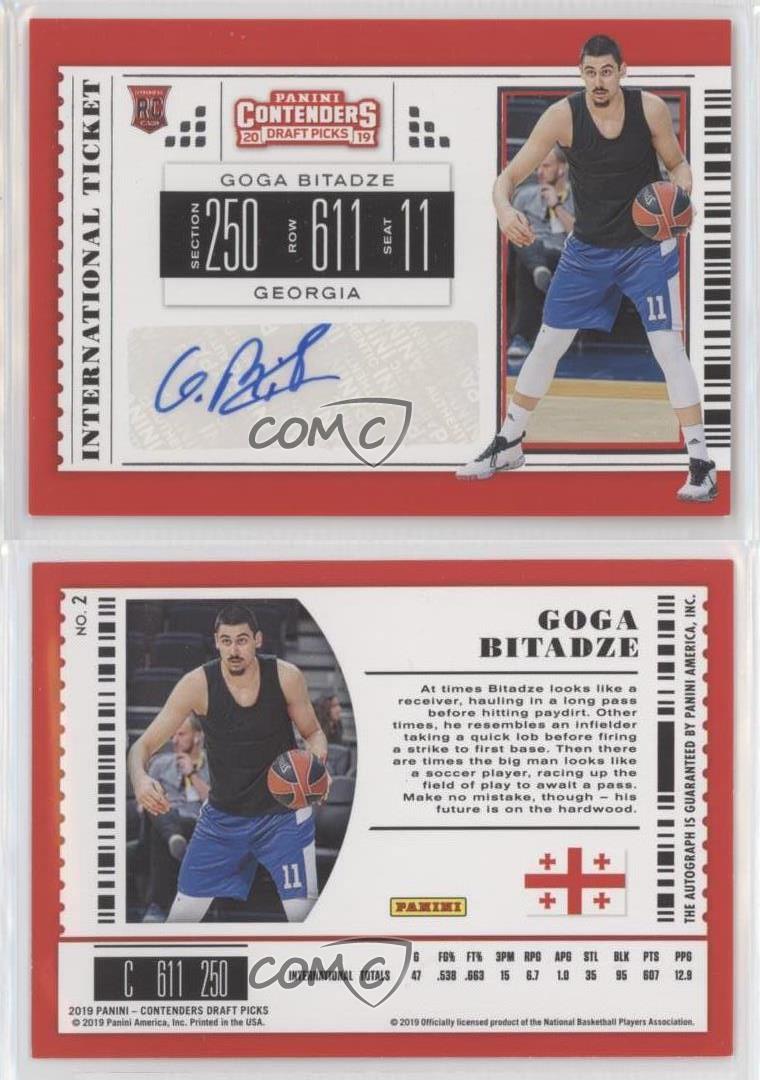 2019 Contenders Draft Picks International Tickets Goga Bitadze #2 Rookie Auto RC