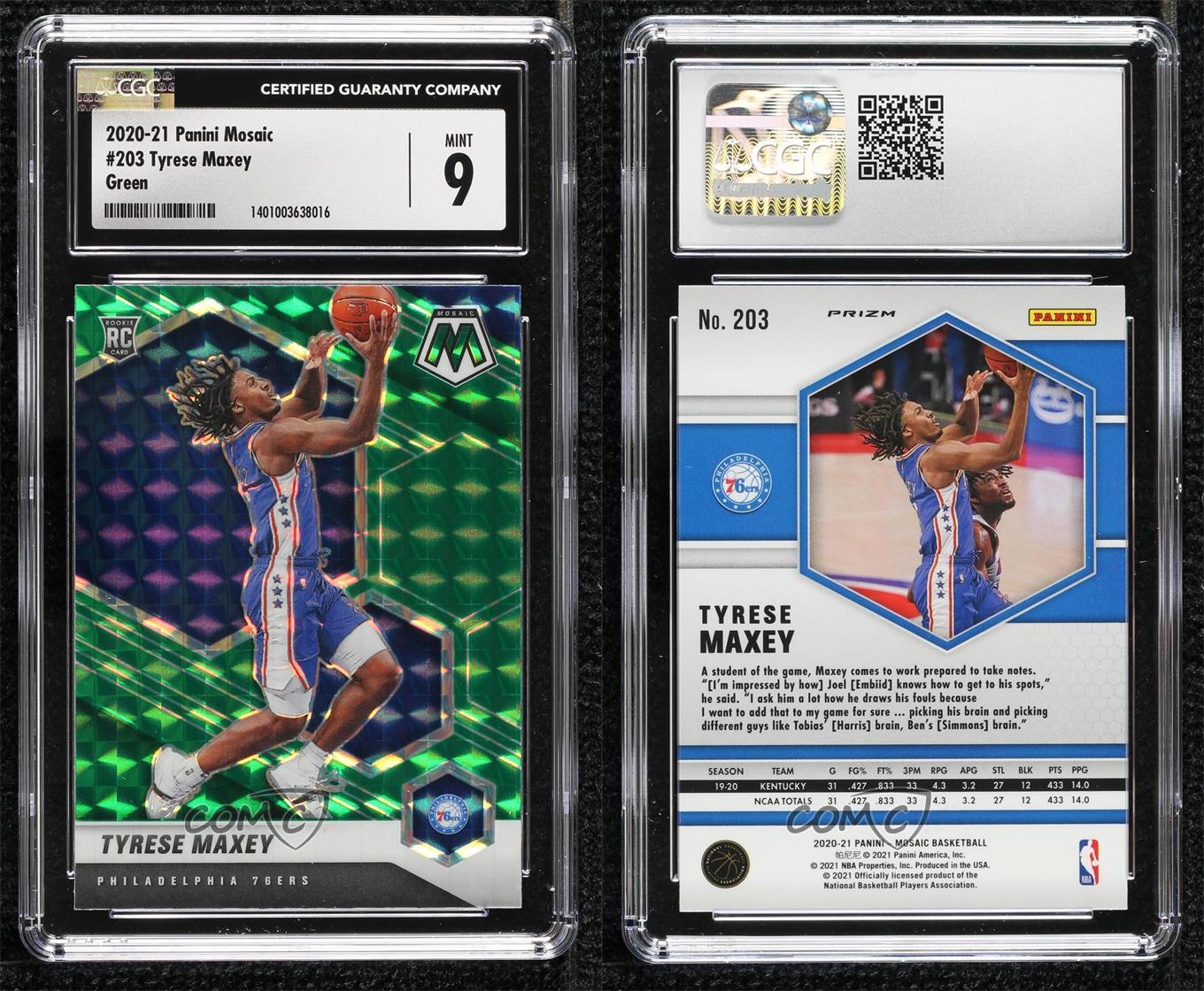2020-21 Panini Mosaic Green Prizm Tyrese Maxey #203 CGC 9 Mint Rookie RC - Picture 3 of 3