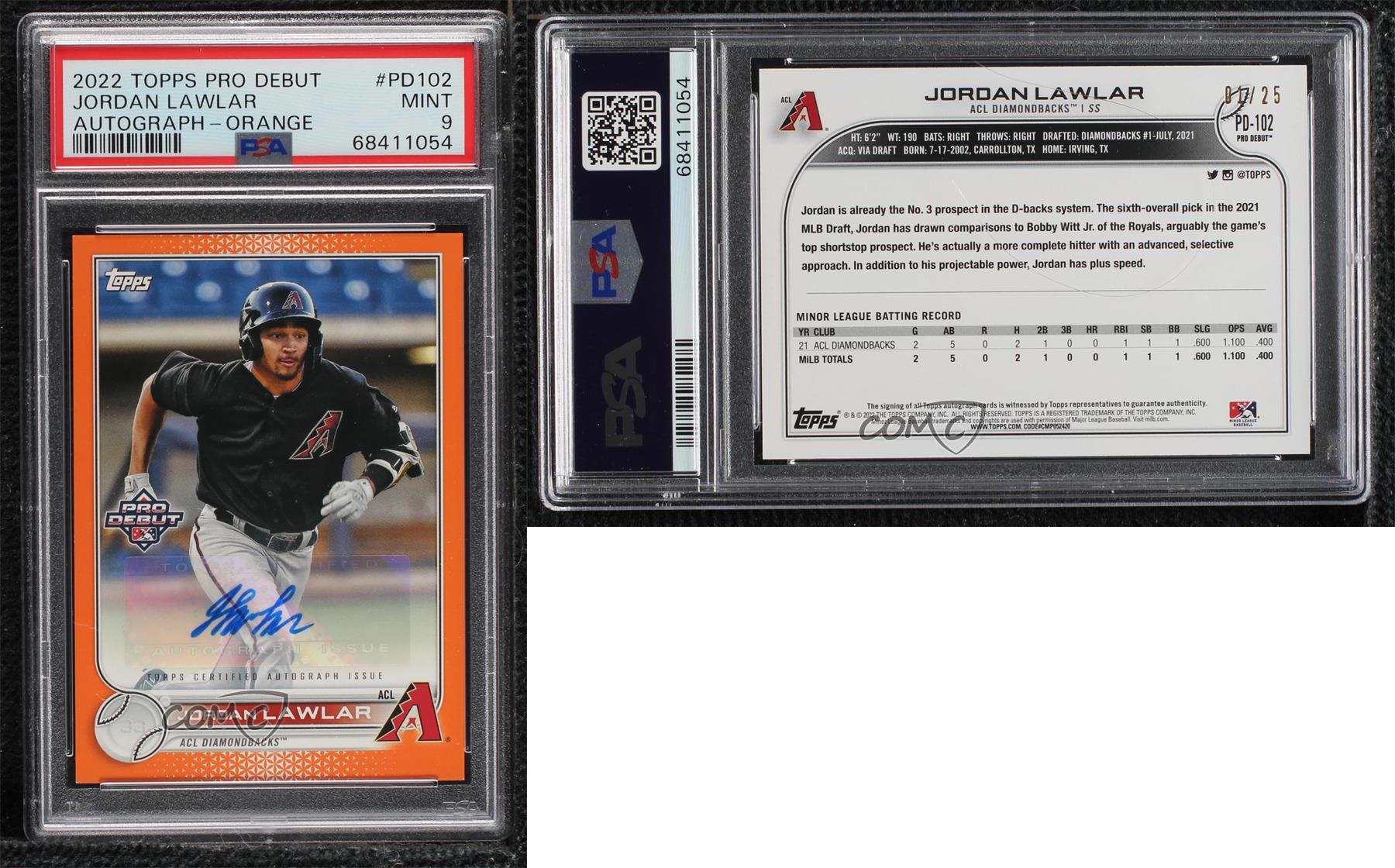 2022 tendance Topps Pro Debut Orange Auto /25 Jordan Lawlar #PD-102 PSA 9 MINT Auto