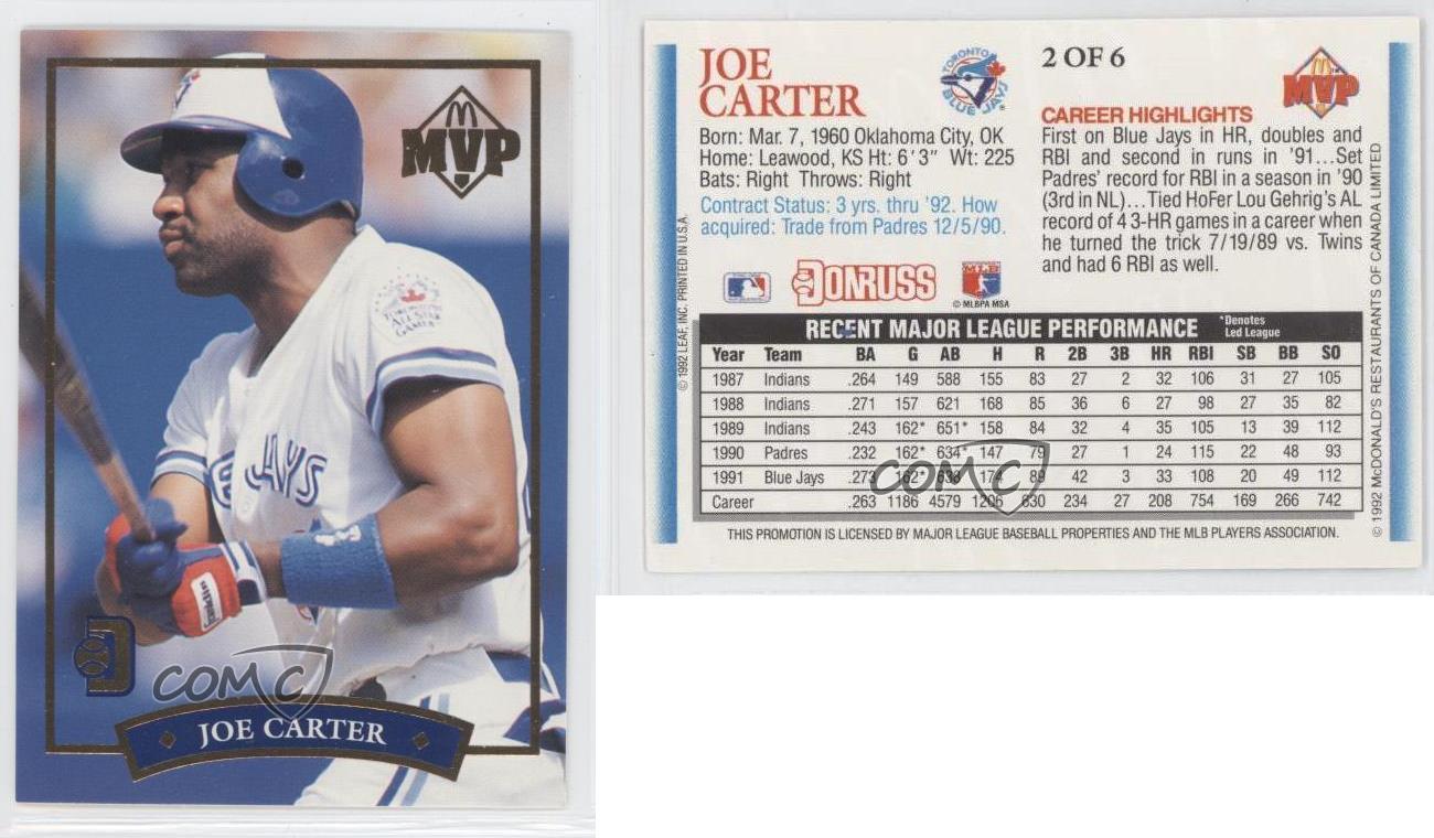 1992 Donruss McDonald's MVP Series 2 Joe Carter Toronto Blue Jays