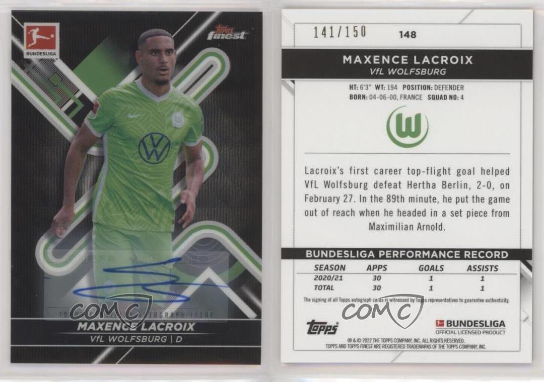 2021 Finest Bundesliga Black Wave Refractor /150 Maxence Lacroix Rookie Auto RC - Picture 3 of 4