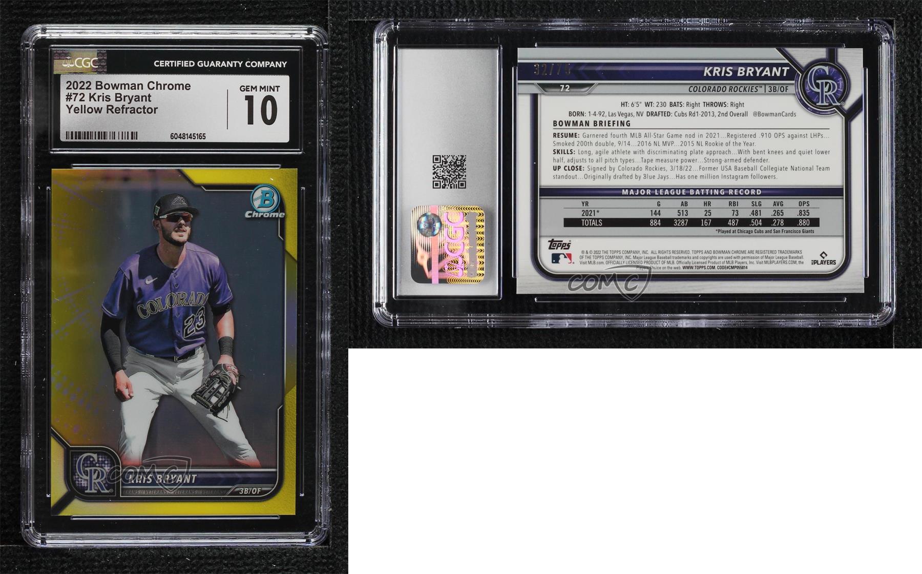 2022 Bowman Chrome Yellow Refractor /75 Kris Bryant #72 CGC 10 Gem Mint - Picture 3 of 3