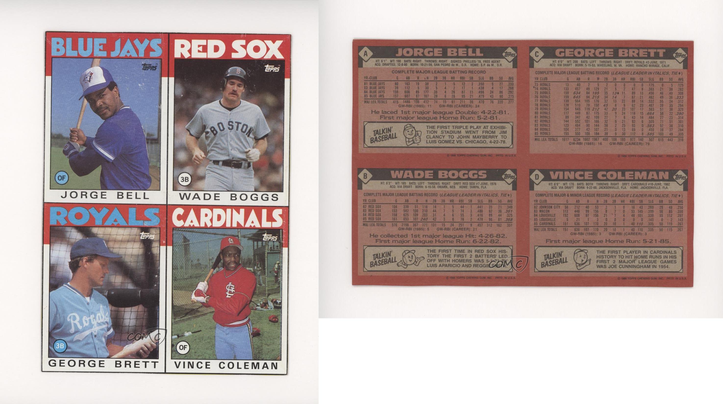 1986 Topps - Wax Box Bottom - Complete Panel #A/B/C/D - Jorge Bell, Wade  Boggs, George Brett, Vince Coleman