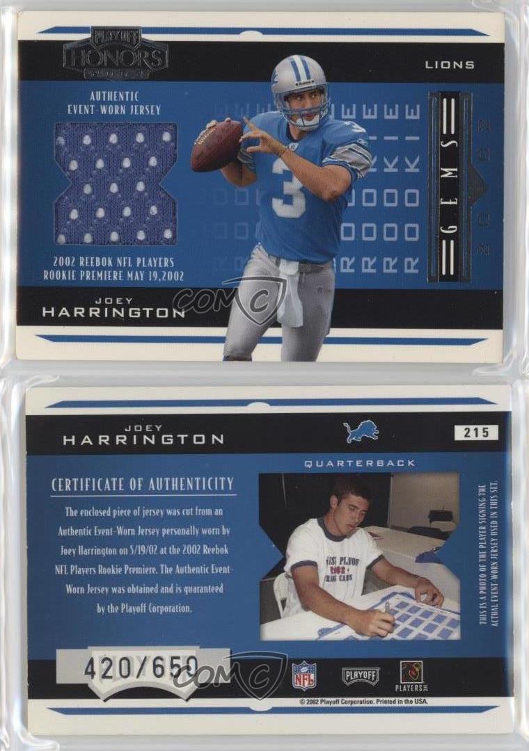 2002 Playoff Honors Rookie Gems /650 Joey Harrington #215 Rookie RC - Picture 4 of 4