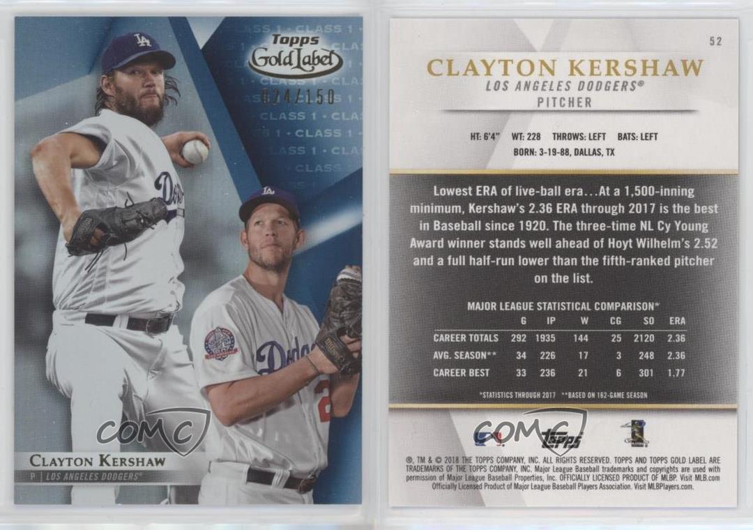 2018 Topps Gold Label Clase 1 Azul/150 Clayton Kershaw #52 - Imagen 4 de 4