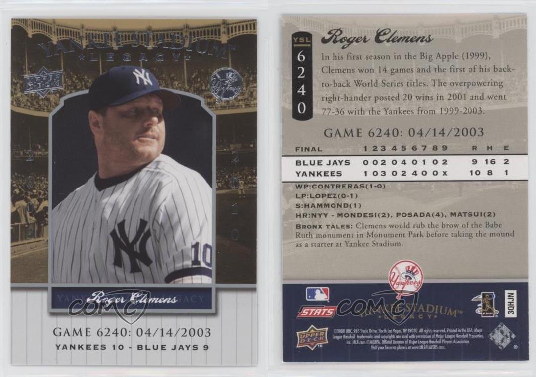 2008 populaire Upper Deck Yankee Stadium Legacy Roger Clemens #YSL6240