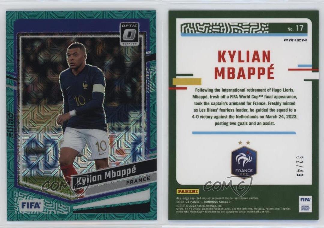2023-24 Panini Donruss FIFA Optic Teal Mojo Prizm/49 Kylian Mbappe #17 - Imagen 3 de 3