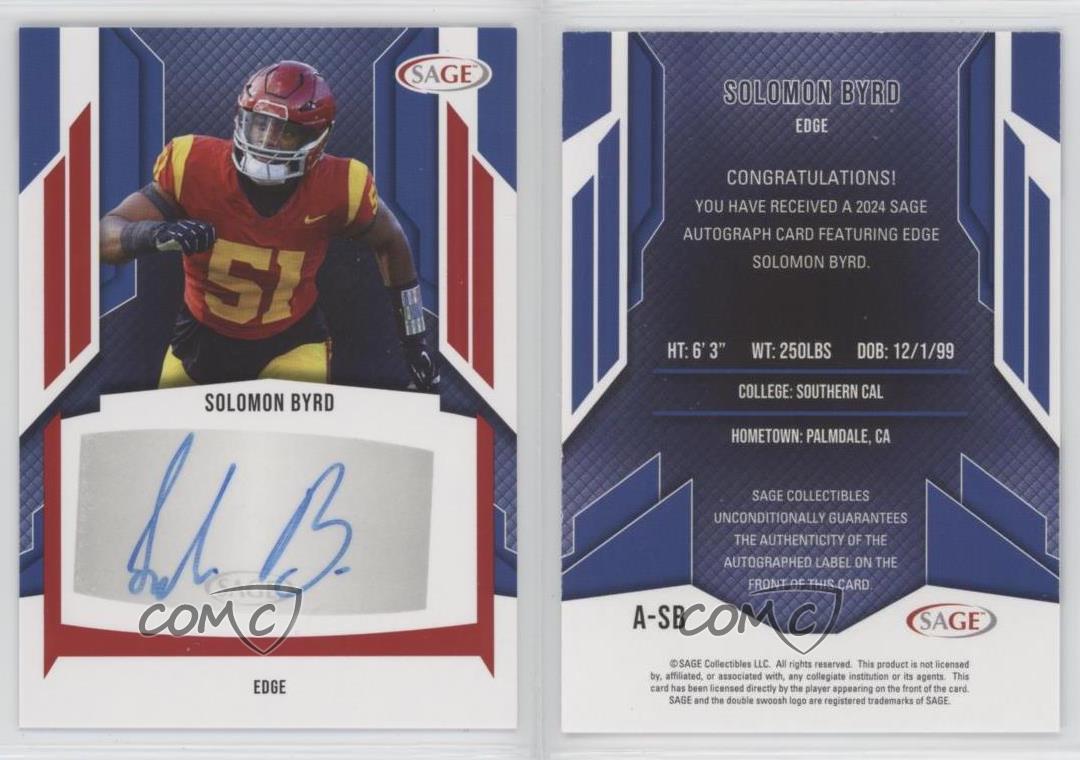 2024 SAGE HIT High Series Auto Red Solomon Byrd #A-SB Auto - Picture 4 of 4