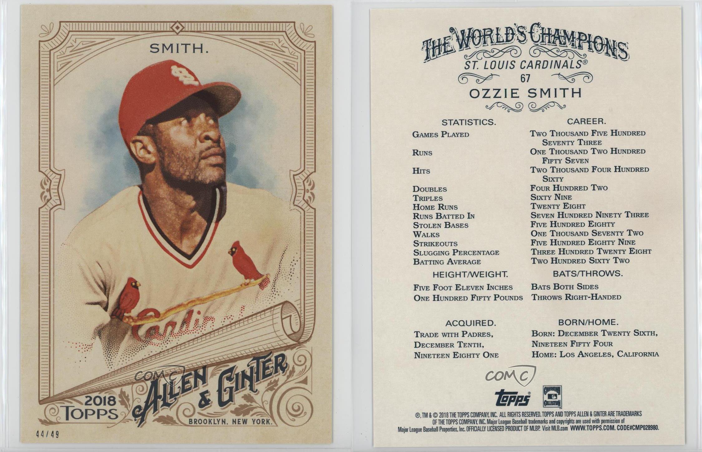 2018 Topps Allen & Ginter Topps.com esclusiva online 5x7/49 Ozzie Smith #67 HOF - Foto 3 di 3