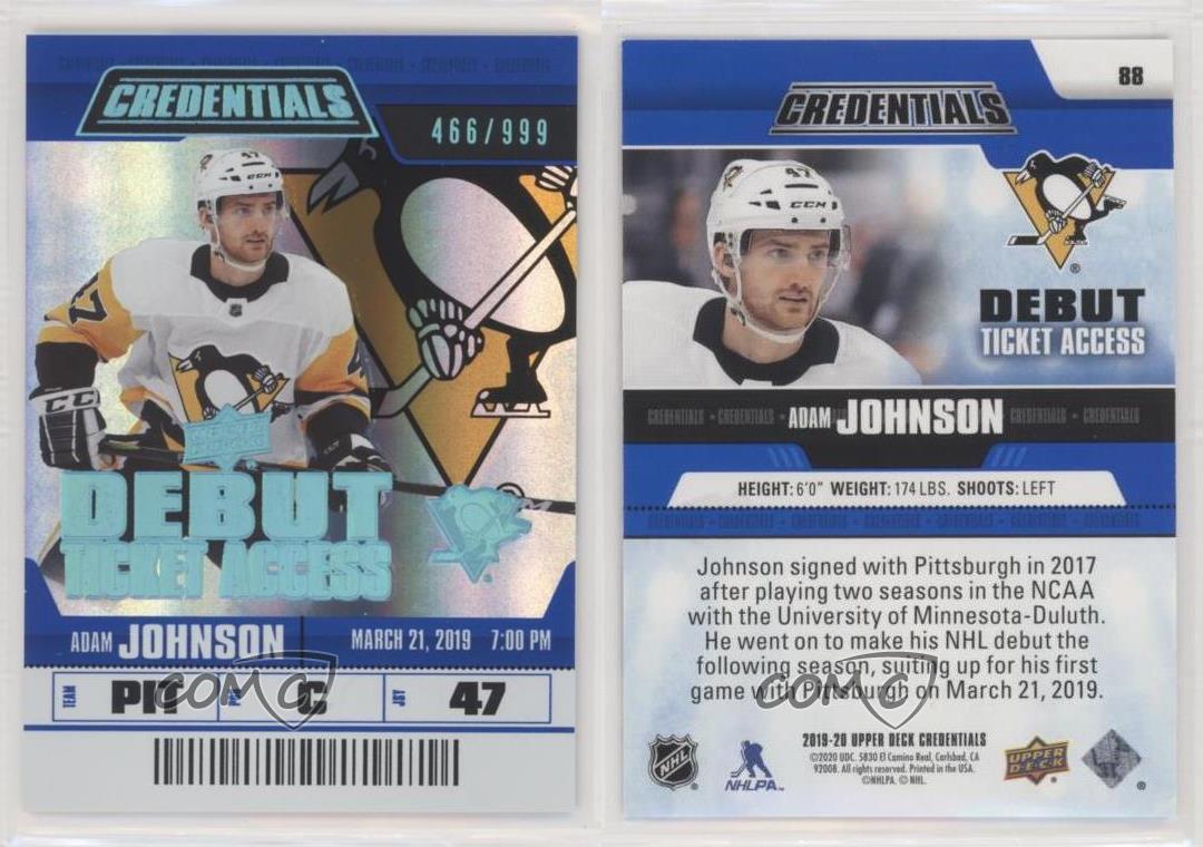 2019-20 Credentials Debut Ticket Access /999 Tier 1 Adam Johnson #88 Rookie RC