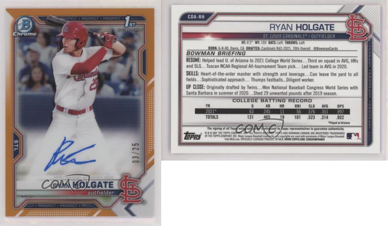 2021 Bowman Draft Chrome Pick Orange expédition Réfracteur /25 Ryan Holgate #CDA-RH Auto