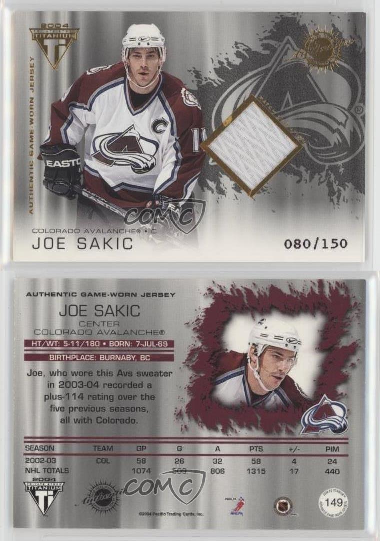 Lot - (013/875) 2003-04 Pacific Titanium Game Worn Jersey Joe Sakic #149  Hockey Card - HOF - Numbered /875