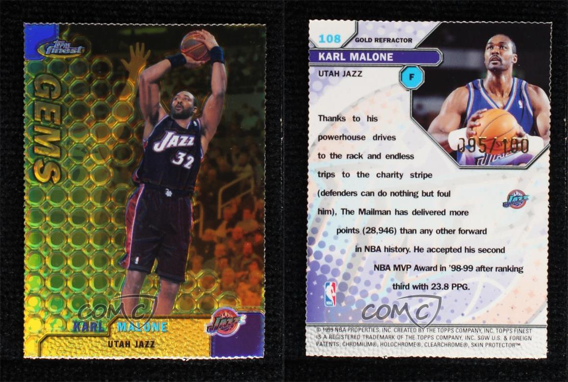 1999-00 Topps Finest Gems refractor de oro/100 Karl Malone #108 Salón de la fama - Imagen 3 de 3