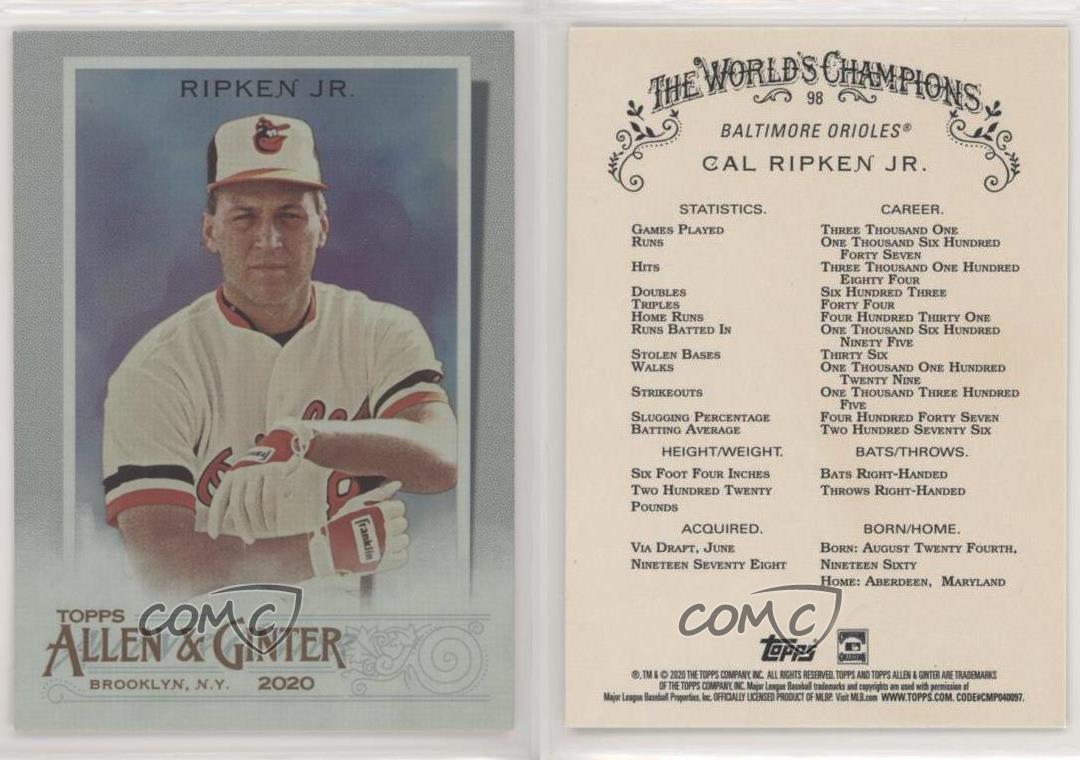 2020 Topps Allen & Ginter's Hot Box Silver Ritratto Cal Ripken Jr #98 HOF - Foto 3 di 4
