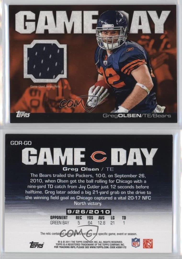 2011 TOPPS GREG OLSEN GDR-GO MINT GAME DAY RELICS JERSEY FOOTBALL CHICAGO  BEARS