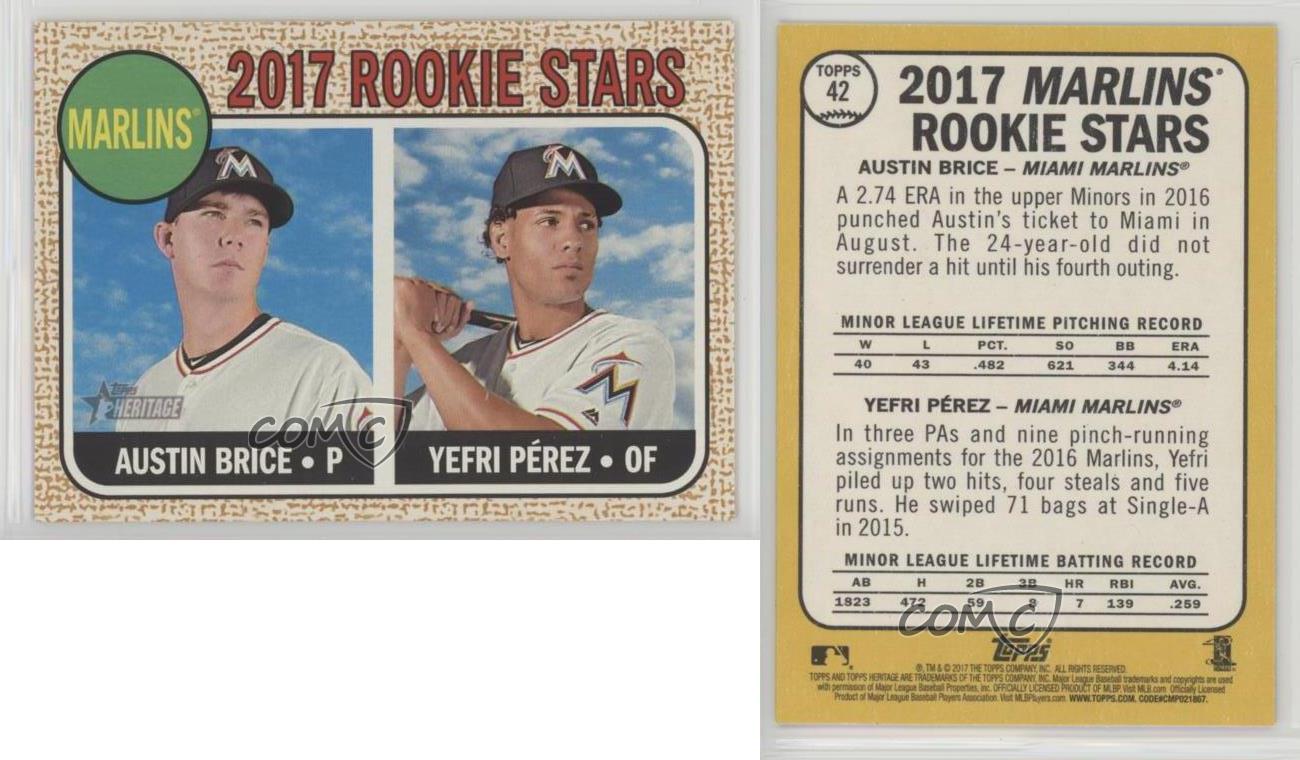 2017 Topps Heritage #42 Austin Brice/Yefri Perez Miami Marlins Baseball Card 