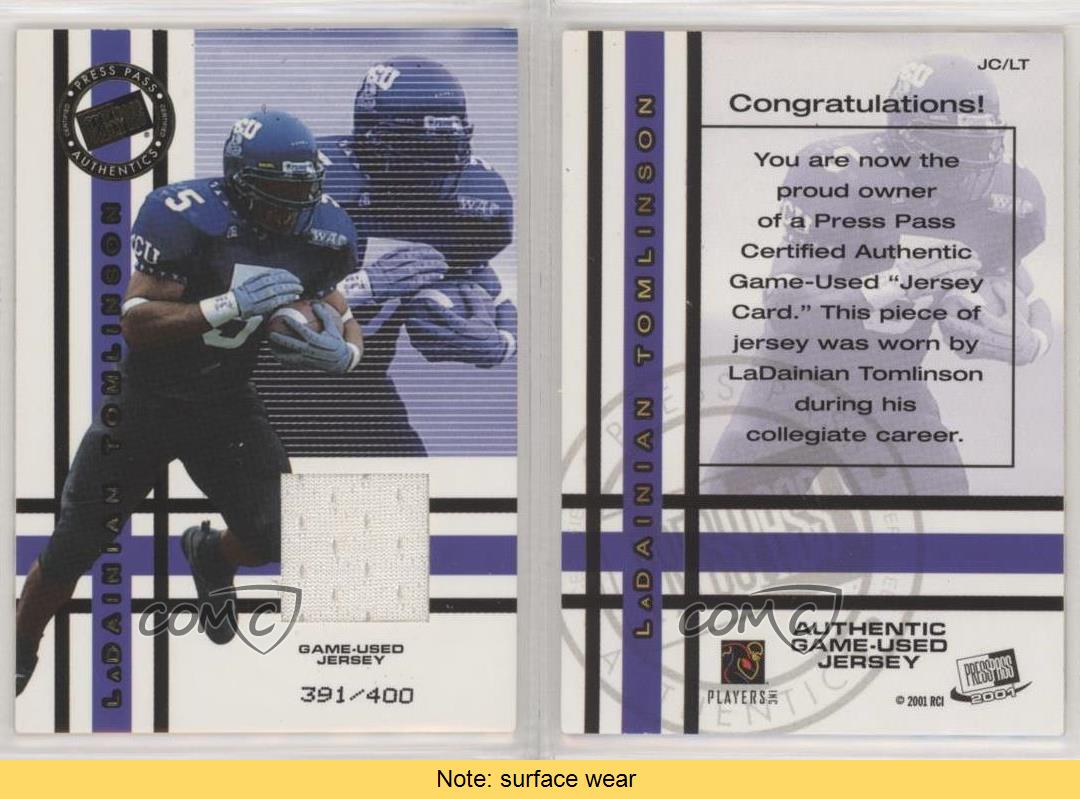 2001 Press Pass LADAINIAN TOMLINSON RC - COLLEGIATE GAME USED JERSEY /400  #JC/LT