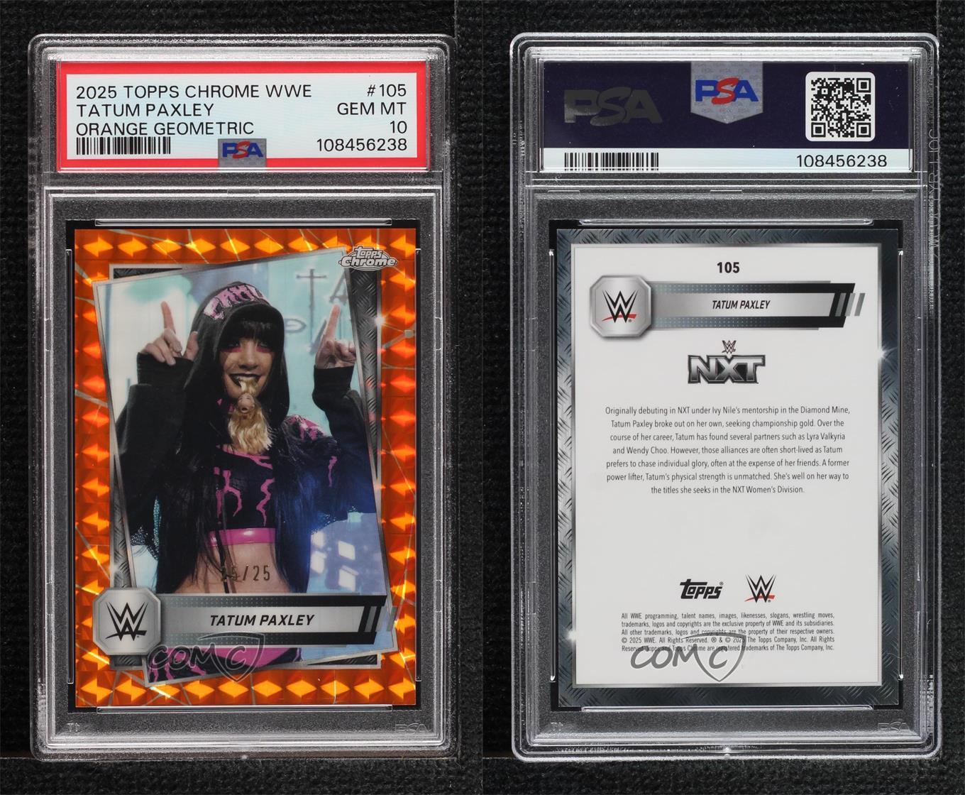2025 Topps cromo WWE naranja refractor geométrico/25 Tatum Paxley PSA 10 GEM MT - Imagen 3 de 3