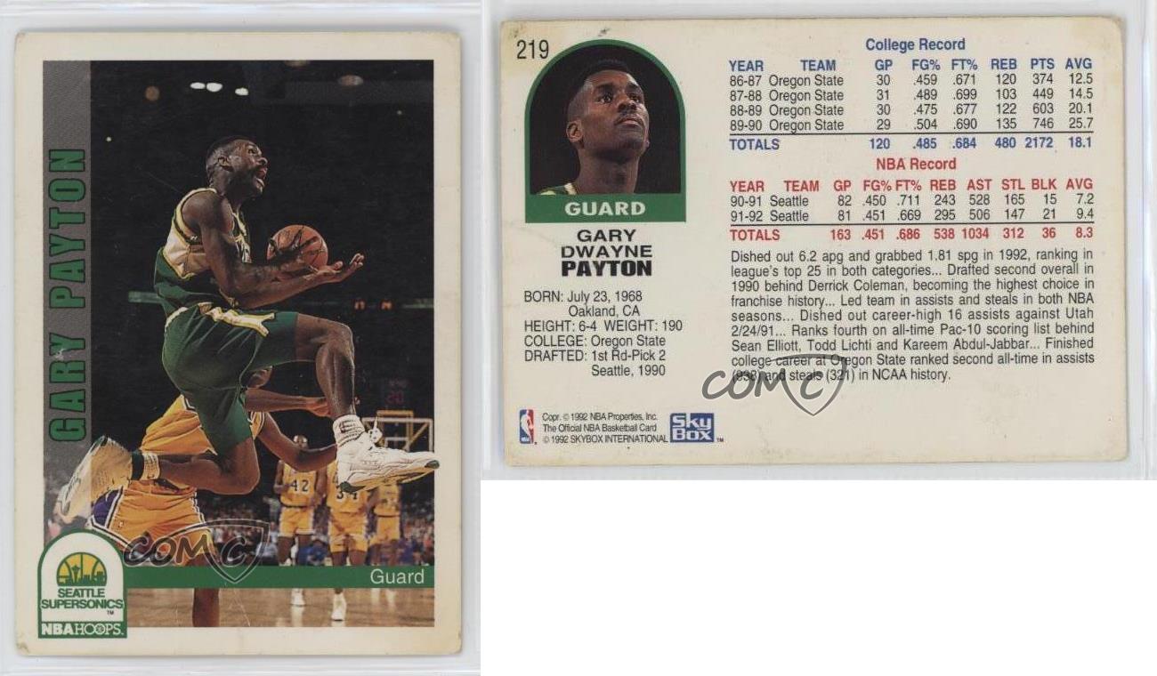 1992-93 NBA Hoops Gary Payton #219 HOF - Picture 3 of 3