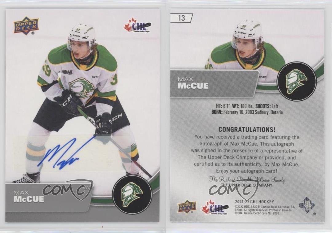 2021-22 Upper Deck CHL Auto Max McCue #13 Auto