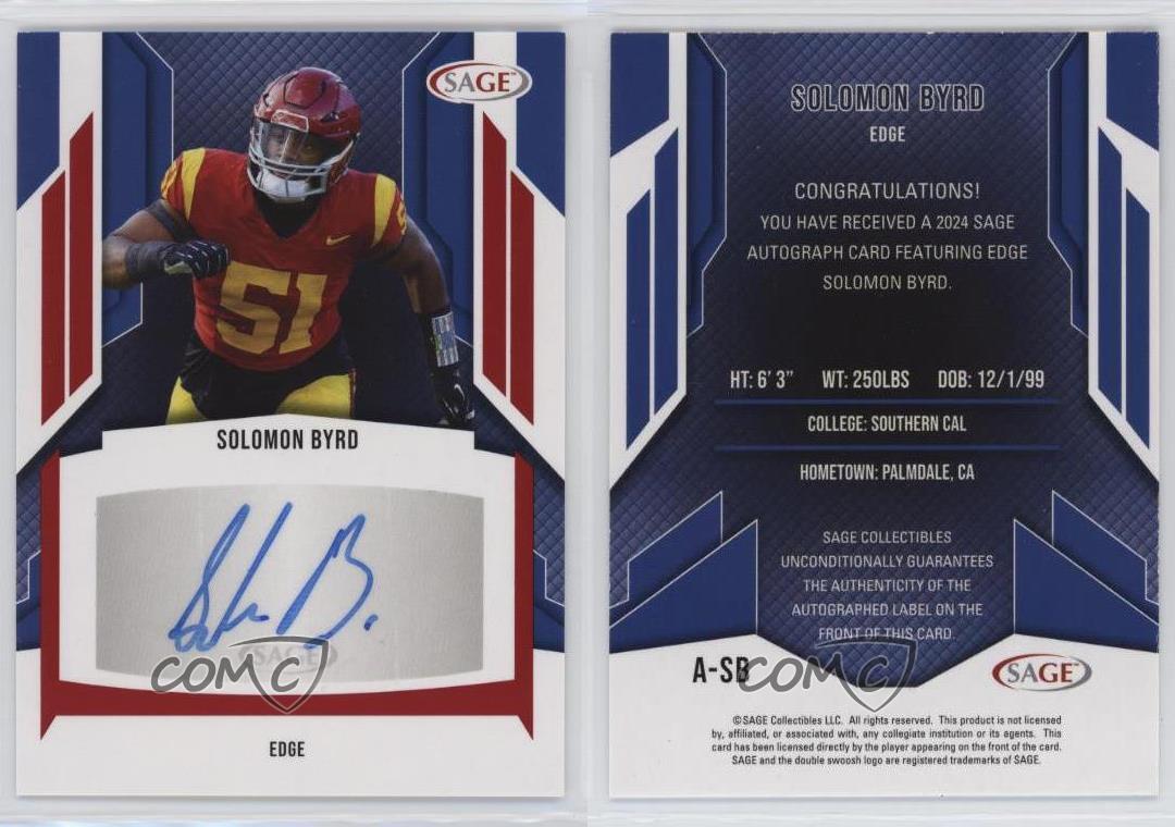 2024 SAGE HIT High Series Auto Red Solomon Byrd #A-SB Auto - Picture 3 of 4