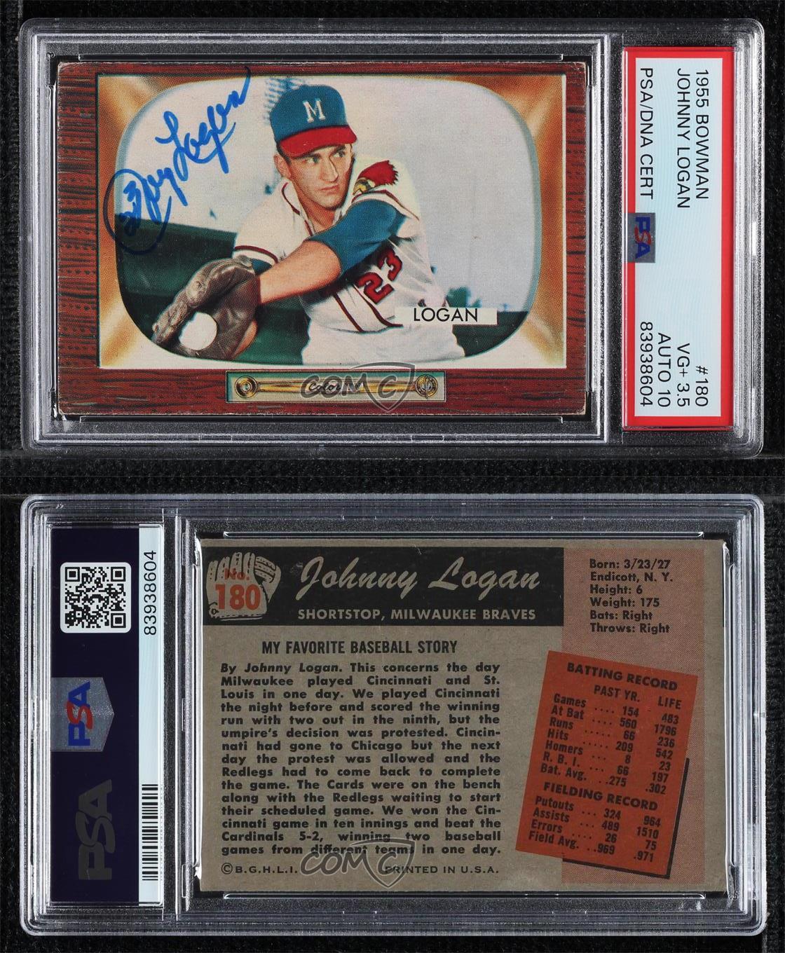 PSA/DNA 1955 Bowman Johnny Logan #180 PSA/DNA 3.5 Auto - Picture 3 of 3