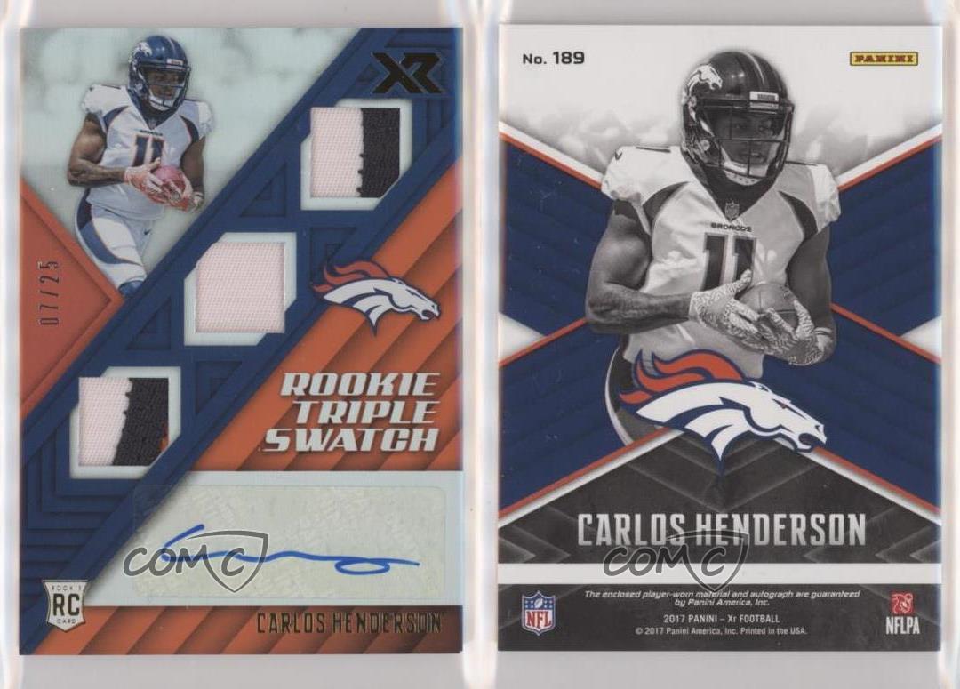 2017 Panini XR Triple Swatch Orange /25 Carlos Henderson #189 Rookie Auto RC