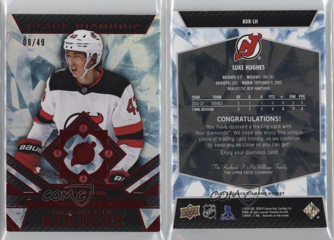 Upper Deck 2023-24 Black Diamond Relic Rookie Gems Quad Rubino /49 Luke Hughes RC - Foto 3 di 3