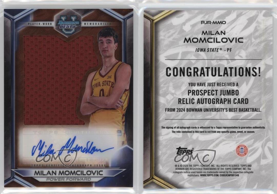 2023-24 Bowman U Best Jumbo Relic Auto Milan Momcilovic RC PJR-MMO AU MEM