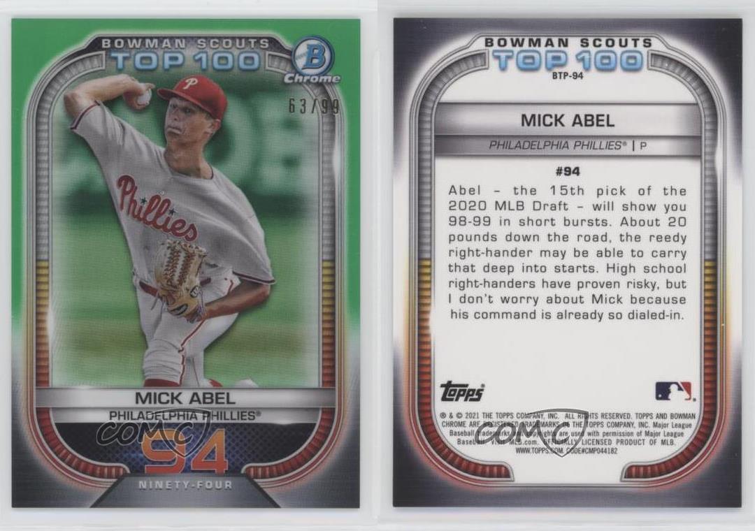Bowman Bowman Scouts Top 100 2021 refractor verde/99 Mick Abel #BTP-94 - Imagen 3 de 4