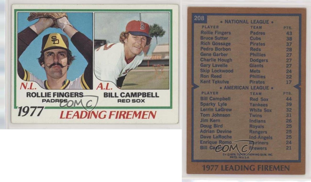 1978 Topps #208 Rollie Fingers/Bill Campbell San Diego Padres/Boston Red  Sox Saves Leaders MLB Baseball Card EX Excellent