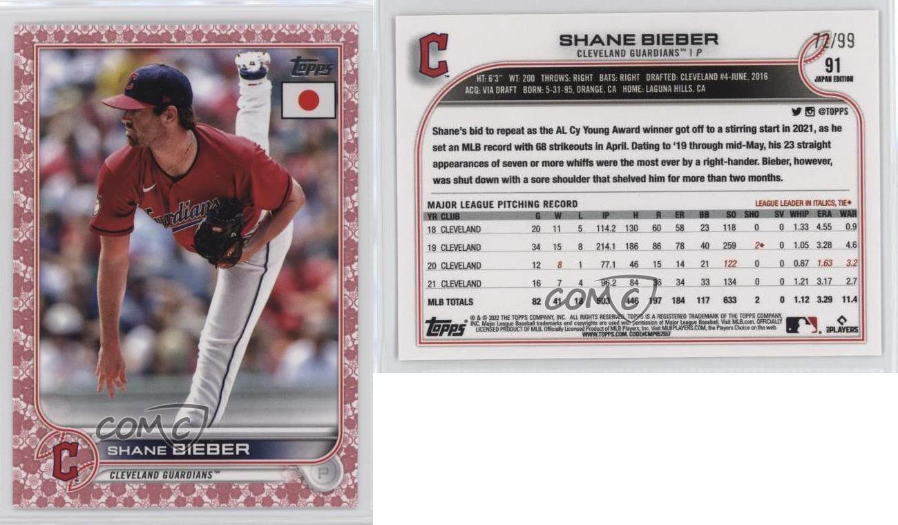 Topps 2022 edición Japón flores de cerezo/99 Shane Bieber #91 - Imagen 3 de 4