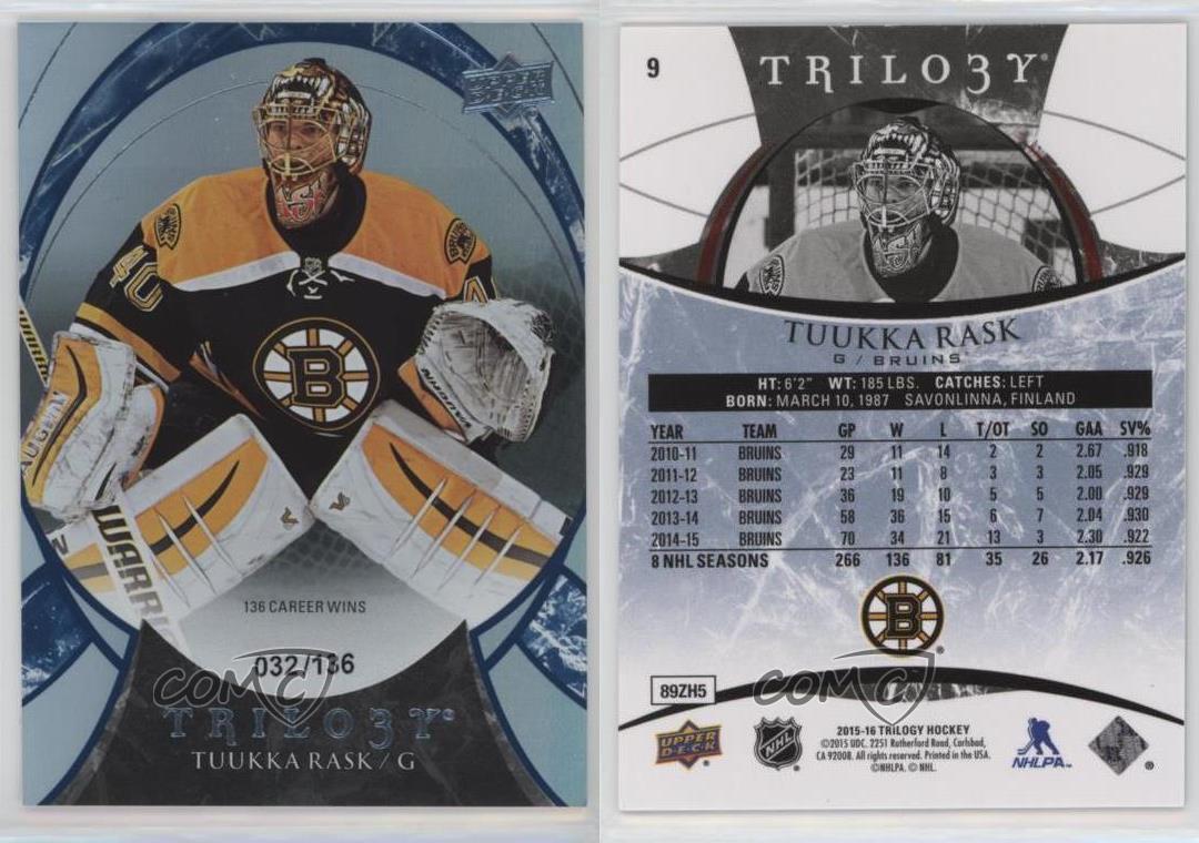 2015-16 Upper Deck Trilogy Career Stats Blue Rainbow Foil/136 Tuukka Rask #9 - Imagen 3 de 3