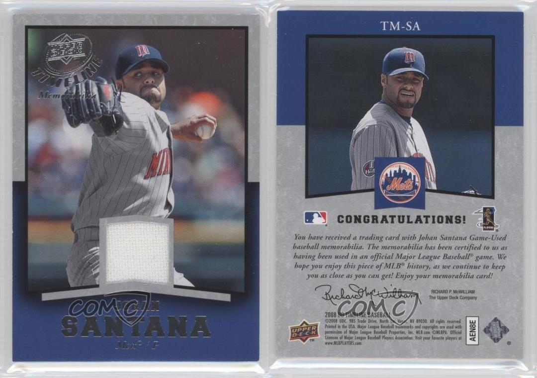 Johan Santana player worn jersey patch baseball card (Minnesota Twins) 2008  Upper Deck Timeline #TM-SA