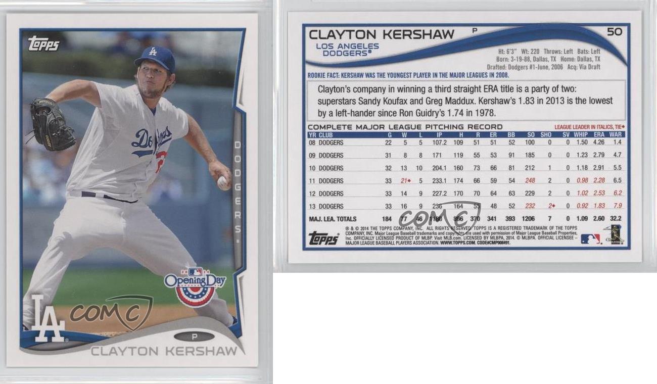 2014 Topps Opening Day #50 Clayton Kershaw Dodgers MLB Baseball Card NM-MT