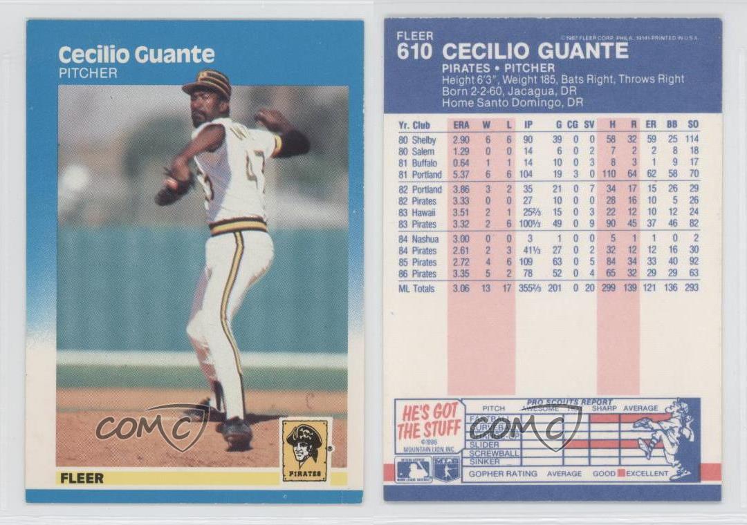 1987 Fleer Cecilio Guante #610 tarjetas de bonificación Piratas Plus Envío Gratis-perfecto Estado 