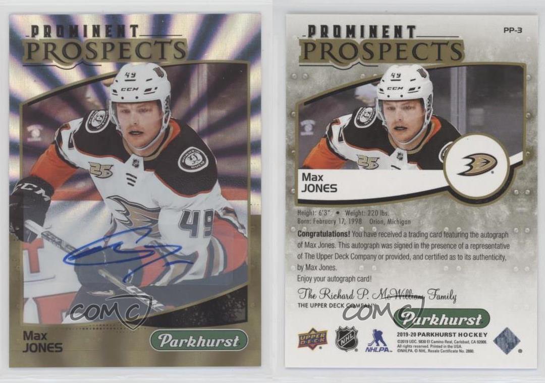 2019-20 Upper Deck Parkhurst Prominent Prospects Gold Max Jones Rookie Auto RC