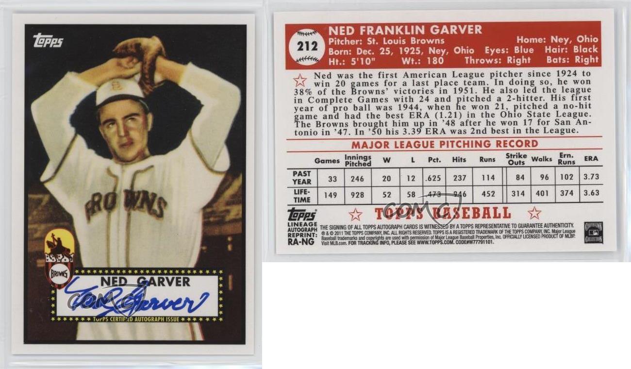 2011 Topps Lineage Reprint Auto Ned Garver #RA-NG Auto