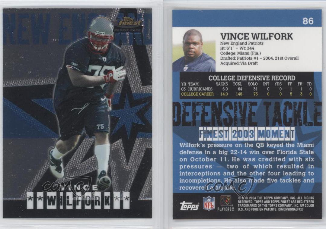 Vince Wilfork Signed 2004 Topps Finest Rookie Football Card #86 - Auto  Graded Gem Mint 10! (PSA/DNA Encapsulated)
